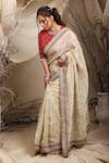 Lasha_Ivory Tissue Organza Embroidery Zari Kiran Lace Border Flora Saree With Blouse _Online_at_Aza_Fashions