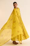 Buy_Dot_Yellow Organza Printed Floral Evani Dupatta _at_Aza_Fashions