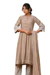 Shop_Gulabik Jaipur_Beige Handloom Chanderi Embroidery Floral Round Kurta And Pant Set 