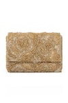 Beau Monde_Gold Cutdana Floral Embroidered Clutch _Online_at_Aza_Fashions