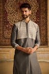 Shop_DiyaRajvvir_Grey Cotton Silk Embroidered Thread Floral Geometric Kurta And Pant Set _at_Aza_Fashions