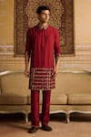 Shop_DiyaRajvvir_Maroon Cotton Silk Embroidered Mirror Kurta And Pant Set _at_Aza_Fashions