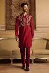 Shop_DiyaRajvvir_Maroon Cotton Silk Embroidered Mirror Work Kurta And Pant Set _at_Aza_Fashions