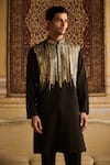 DiyaRajvvir_Black Cotton Silk Embroidered Tribal Rustic Kurta And Pant Set _Online_at_Aza_Fashions