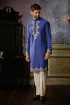 Shop_DiyaRajvvir_Blue Cotton Silk Embroidered Gunmetal Kurta And Pant Set _at_Aza_Fashions