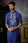 Shop_DiyaRajvvir_Blue Cotton Silk Embroidered Gunmetal Kurta And Pant Set _Online_at_Aza_Fashions