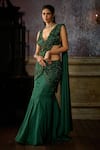 Buy_DiyaRajvvir_Green Tulle Embroidered Cutwork Plunge V Floral Pre-draped Saree With Blouse _at_Aza_Fashions