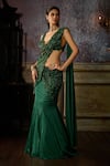 DiyaRajvvir_Green Tulle Embroidered Cutwork Plunge V Floral Pre-draped Saree With Blouse _Online_at_Aza_Fashions