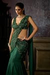 Buy_DiyaRajvvir_Green Tulle Embroidered Cutwork Plunge V Floral Pre-draped Saree With Blouse _Online_at_Aza_Fashions