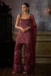 Buy_DiyaRajvvir_Maroon Tulle Embroidered Bead Sweetheart Linear Pattern Kurta Sharara Set _Online_at_Aza_Fashions