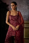 Shop_DiyaRajvvir_Maroon Tulle Embroidered Bead Sweetheart Linear Pattern Kurta Sharara Set _Online_at_Aza_Fashions