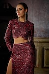 Shop_DiyaRajvvir_Maroon Tulle Embroidered Bead High Trail Skirt With Blouse _Online_at_Aza_Fashions