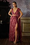 Buy_DiyaRajvvir_Maroon Tulle Embroidered Bead High Slit Pre-draped Skirt Saree With Blouse _at_Aza_Fashions