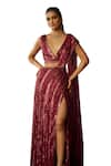 DiyaRajvvir_Maroon Tulle Embroidered Bead High Slit Pre-draped Skirt Saree With Blouse _Online_at_Aza_Fashions