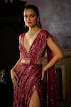 Shop_DiyaRajvvir_Maroon Tulle Embroidered Bead High Slit Pre-draped Skirt Saree With Blouse _Online_at_Aza_Fashions