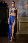 Buy_DiyaRajvvir_Blue Tulle Embroidered Bead Plunge V Thigh Slit Skirt Set _at_Aza_Fashions