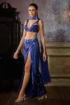 Shop_DiyaRajvvir_Blue Tulle Embroidered Bead Plunge V Thigh Slit Skirt Set _Online_at_Aza_Fashions