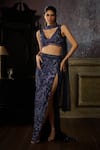 Buy_DiyaRajvvir_Blue Tulle Embroidered Bead Plunge V Thigh Slit Skirt Blouse Set _at_Aza_Fashions