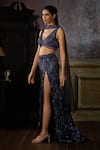 DiyaRajvvir_Blue Tulle Embroidered Bead Plunge V Thigh Slit Skirt Blouse Set _Online_at_Aza_Fashions