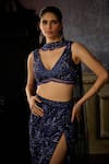 Buy_DiyaRajvvir_Blue Tulle Embroidered Bead Plunge V Thigh Slit Skirt Blouse Set _Online_at_Aza_Fashions