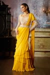 Buy_DiyaRajvvir_Yellow Tulle Embroidered Pearl Ruffle Detailed Pre-draped Saree With Blouse _at_Aza_Fashions