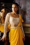 DiyaRajvvir_Yellow Tulle Embroidered Pearl Ruffle Detailed Pre-draped Saree With Blouse _Online_at_Aza_Fashions