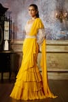 Buy_DiyaRajvvir_Yellow Tulle Embroidered Pearl Ruffle Detailed Pre-draped Saree With Blouse _Online_at_Aza_Fashions