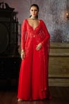 Buy_DiyaRajvvir_Red Tulle Embroidered Pearl Plunge Leaf Front Slit Peplum Tunic Sharara Set _at_Aza_Fashions