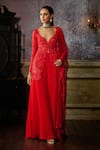 DiyaRajvvir_Red Tulle Embroidered Pearl Plunge Leaf Front Slit Peplum Tunic Sharara Set _Online_at_Aza_Fashions