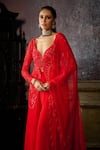 Buy_DiyaRajvvir_Red Tulle Embroidered Pearl Plunge Leaf Front Slit Peplum Tunic Sharara Set _Online_at_Aza_Fashions