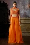 Buy_DiyaRajvvir_Orange Tulle Embroidered Pearl Leaf Sequin Waist Sharara Set _at_Aza_Fashions