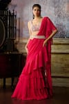 Buy_DiyaRajvvir_Fuchsia Tulle Embroidered Pearl Leaf Ruffle Detailed Pre-draped Saree Blouse Set _at_Aza_Fashions