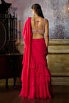 Shop_DiyaRajvvir_Fuchsia Tulle Embroidered Pearl Leaf Ruffle Detailed Pre-draped Saree Blouse Set _at_Aza_Fashions