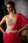 DiyaRajvvir_Fuchsia Tulle Embroidered Pearl Leaf Ruffle Detailed Pre-draped Saree Blouse Set _Online_at_Aza_Fashions