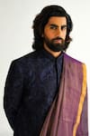 WABI SABI BY ANSHUM-RITESH_Blue Chanderi Embroidery Aari Paisley Pattern Sherwani Set _Online_at_Aza_Fashions