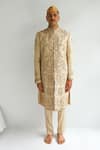 WABI SABI BY ANSHUM-RITESH_Beige Chanderi Embroidery Dori Kaaravaan Sherwani Set _at_Aza_Fashions