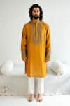 Buy_WABI SABI BY ANSHUM-RITESH_Yellow Chanderi Embroidery Dori Floral Twig Kurta With Pyjama _at_Aza_Fashions