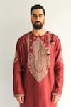 Buy_WABI SABI BY ANSHUM-RITESH_Red Chanderi Embroidery Dori Placement Paisley Kurta With Pyjama _Online_at_Aza_Fashions