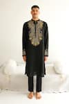 Buy_WABI SABI BY ANSHUM-RITESH_Black Chanderi Embroidery Sequin Bling And Bloom Kurta With Pyjama _at_Aza_Fashions