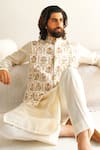 WABI SABI BY ANSHUM-RITESH_Ivory Cotton Silk Embroidery Aari Jaipur Mural Bundi Kurta Set _Online_at_Aza_Fashions