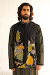 Buy_WABI SABI BY ANSHUM-RITESH_Black Cotton Silk Embroidery Applique Detailed Bundi Kurta Set _Online_at_Aza_Fashions