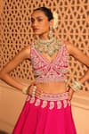 Shop_Sheetal Batra_Pink Lehenga And Blouse Raw Silk Embroidery Kirandori V Neck Ilma Paisley Set _Online_at_Aza_Fashions