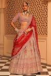 Buy_Sheetal Batra_Red Lehenga And Blouse Raw Silk Embroidery Kirandori Nazreen Paisley Bridal Set _at_Aza_Fashions