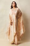 Buy_Vedika M_Beige Silk Printed Tie-dye V-neck Asymmetric Kaftan _at_Aza_Fashions