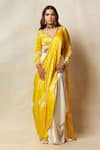 Buy_Vedika M_Yellow Blouse Satin Organza Printed Abstract Asymmetric Pre-draped Saree With _at_Aza_Fashions