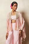 Vedika M_Pink Silk Printed Bandhani Jacket Open Asymmetric Godet Pant Set _Online_at_Aza_Fashions