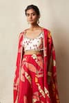 Vedika M_Red Silk Printed Abstract Bandhani Cape Open Godet Pant Set _Online_at_Aza_Fashions