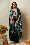 Buy_Vedika M_Green Bustier Silk Printed Bandhani Cape Open Asymmetric Godet Pant Set _at_Aza_Fashions