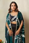 Vedika M_Green Bustier Silk Printed Bandhani Cape Open Asymmetric Godet Pant Set _Online_at_Aza_Fashions