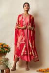 Buy_Vedika M_Red Jacket Silk Printed Abstract Bandhani Cape Open With Dress _at_Aza_Fashions